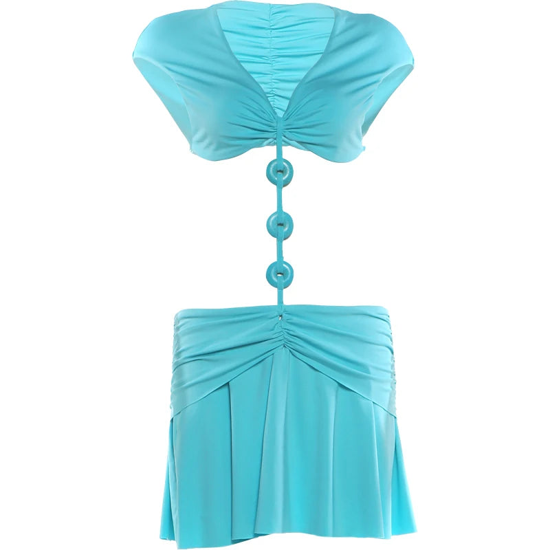 Weird Puss Hollow Design Mini Dress Woman Sexy Trend V-Neck Buckles Patchwork Waistless Hot Girls Elegant Chic Street Bodycon
