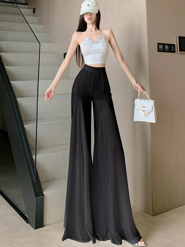 White mesh fishtail flared pants women summer thin design high waist hanging feeling elegant chiffon wide leg casual pants