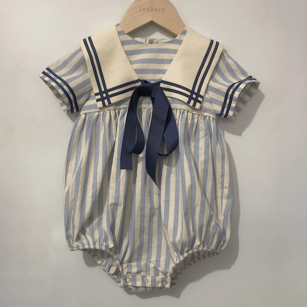 Children Boutique Clothing Baby Boys Girls Blue Striped Navy Tie Bubble Romper Vintage Cotton Siblings Outfit Birthday Dress