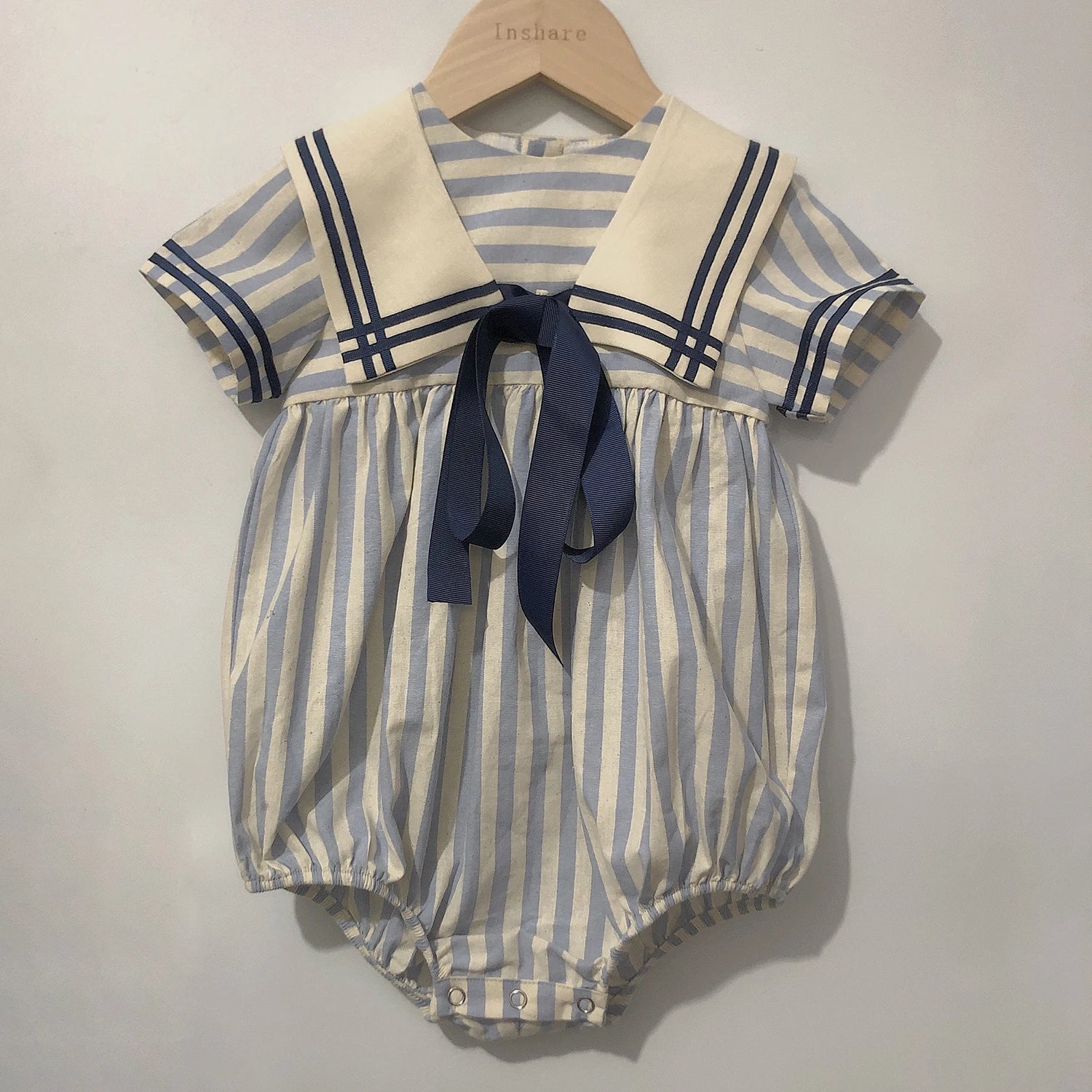 Children Boutique Clothing Baby Boys Girls Blue Striped Navy Tie Bubble Romper Vintage Cotton Siblings Outfit Birthday Dress