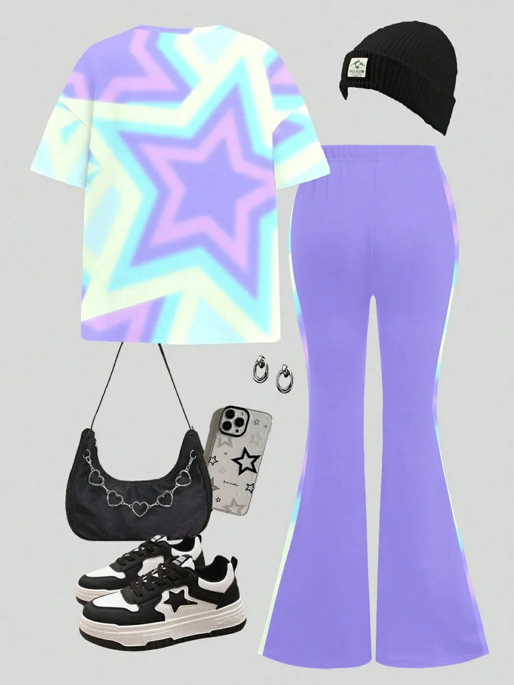 Girl K-Pop Cartoon Idol Print 2-piece Set Pink Tie Dye Short Sleeved T-shirt Purple Flared Pants Children's Casual Sportswear