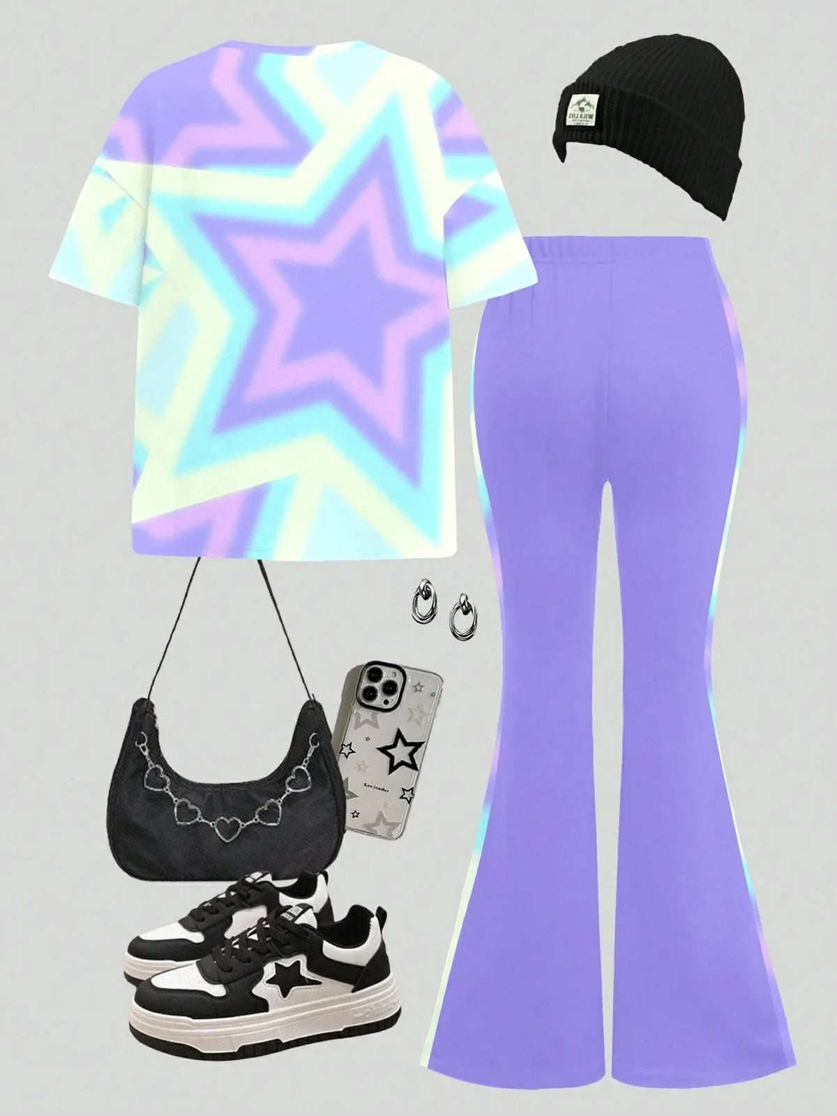Girl K-Pop Cartoon Idol Print 2-piece Set Pink Tie Dye Short Sleeved T-shirt Purple Flared Pants Children's Casual Sportswear