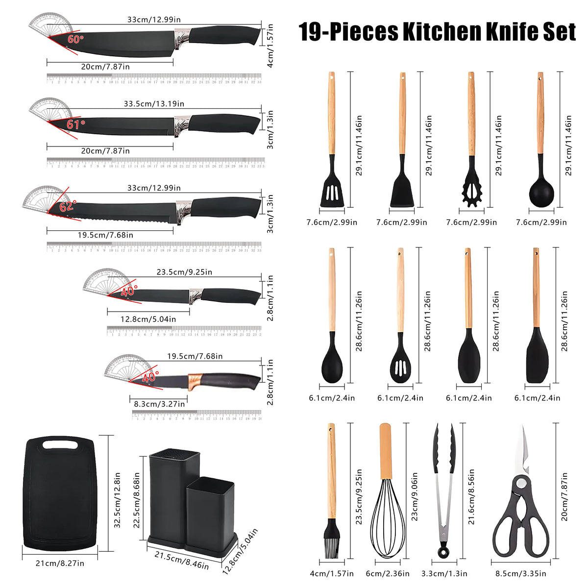 19PCS Silicone Kitchen Utensils Set with Wooden Handle Heat Resistant Nonstick Cooking Tools with Knife Set & Utensil Holder