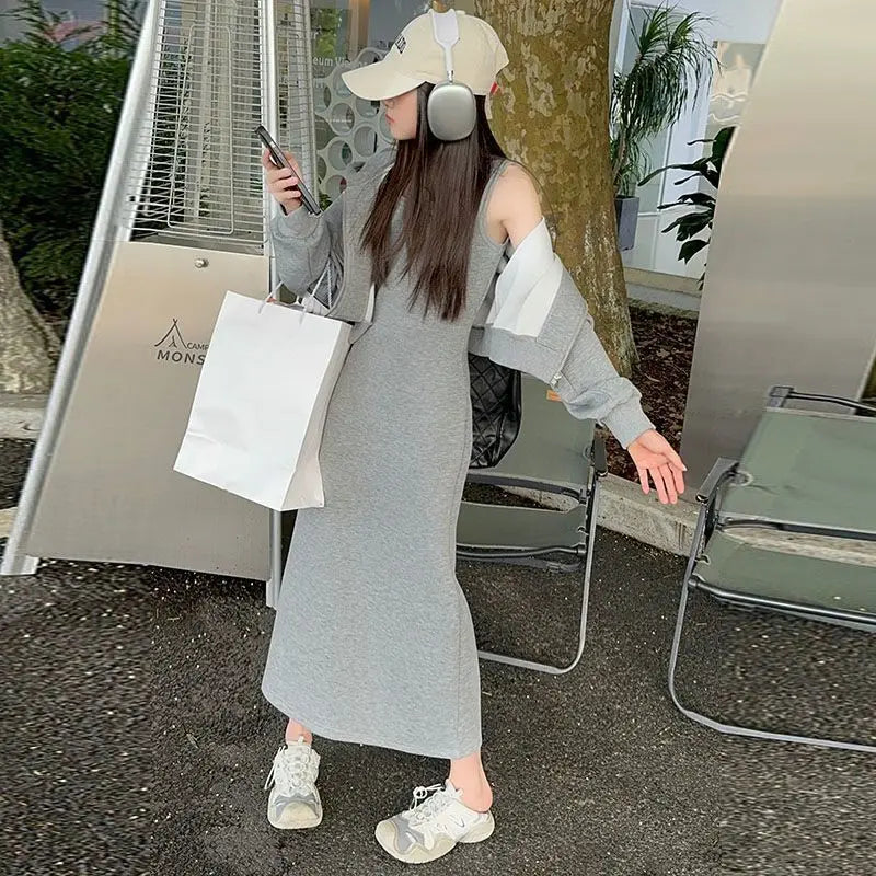 2025 Spring/Autumn Girls' Sporty Two-Piece Set - Short Hoodie Jacket & Long Spaghetti Strap Dress, Versatile for 4-12 Years Old