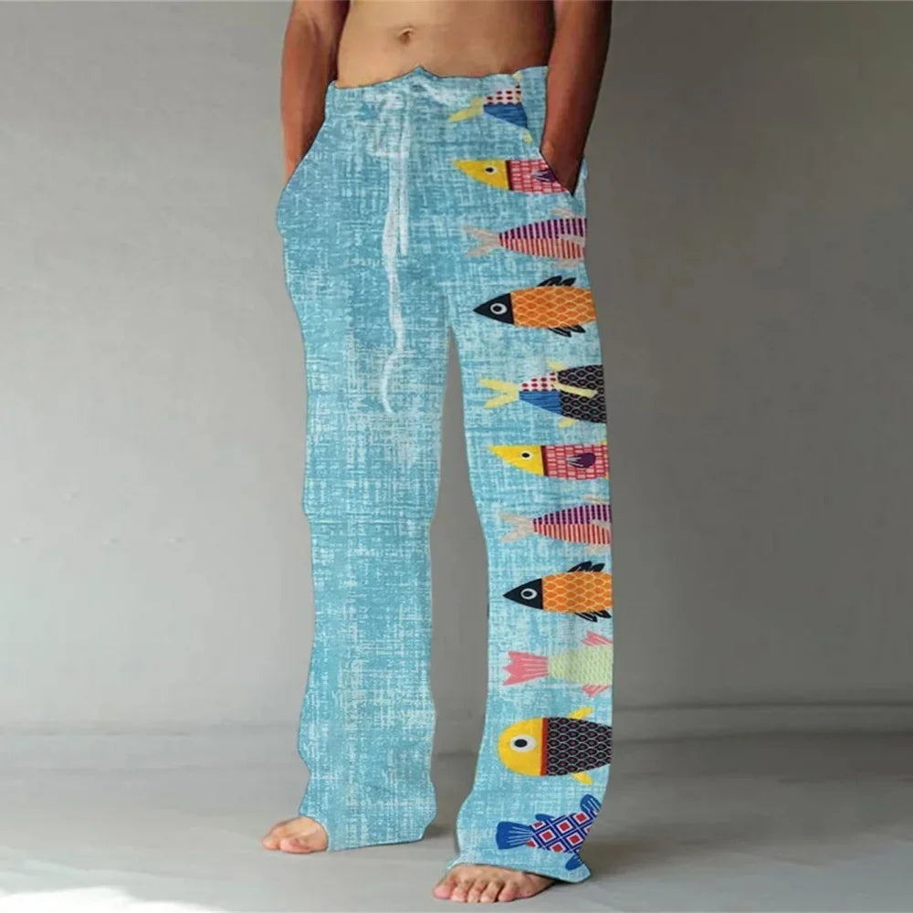 Loose And Casual men's New Bamboo Leaf 3D Printed sweatpants, Versatile And Fashionable Pocket Drawstring Sports Pants