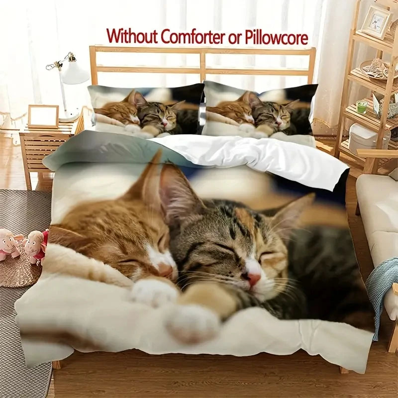 Cute Cat 3pcs Duvet Cover Set, 3D Digital Printed Duvet Cover, Soft Comfortable Breathable Bedding Set for Bedroom, Dorm