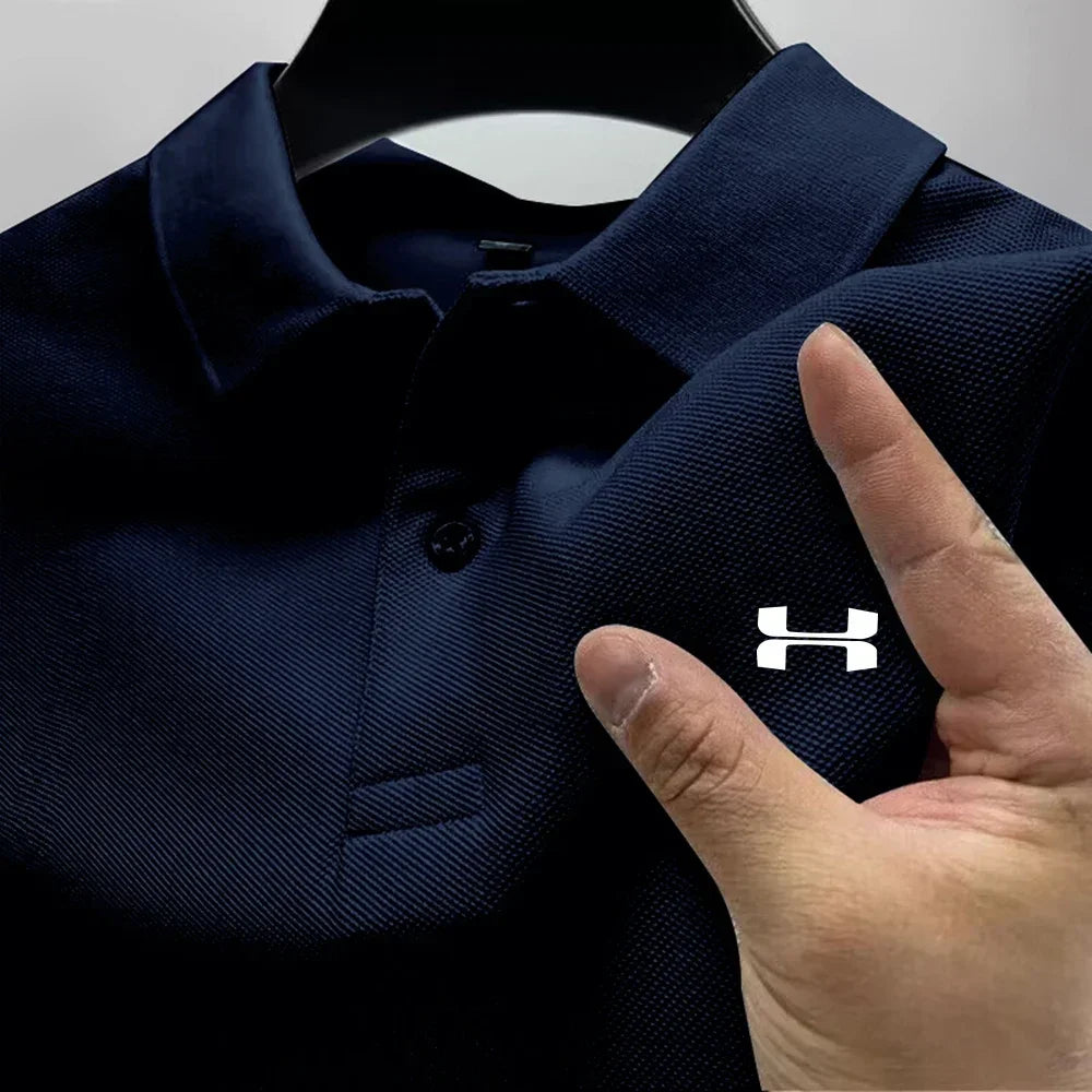 Men's Summer High-End Printed Golf Polo Shirt with Collar, Solid Color, Breathable, Office Casual, High-Quality Men's Clothing