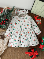 2Pcs Baby Girls Autumn Casual Dress Print Christmas Tree Pink Long Sleeve Knee Dresses With Button Cotton Soft 1-3Y +Headband