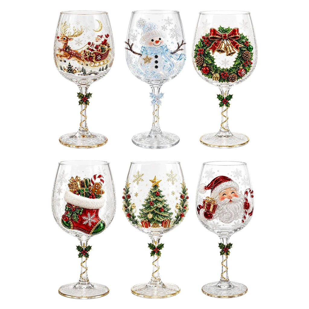 Holiday Stemware Christmas Wine Glass 2D Art Santa Snowman Reindeer Clear Goblet Party Cup