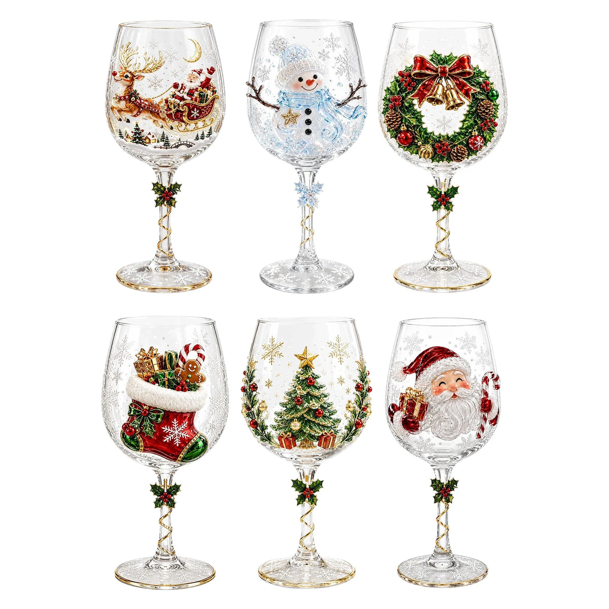 Holiday Stemware Christmas Wine Glass 2D Art Santa Snowman Reindeer Clear Goblet Party Cup