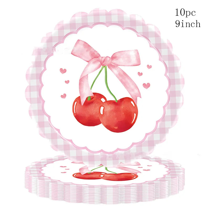 Sweet Cherry Party Disposable Tableware Pink Bow Gingham Plates Cups Napkins For Girl Happy Birthday Princess Baby Shower