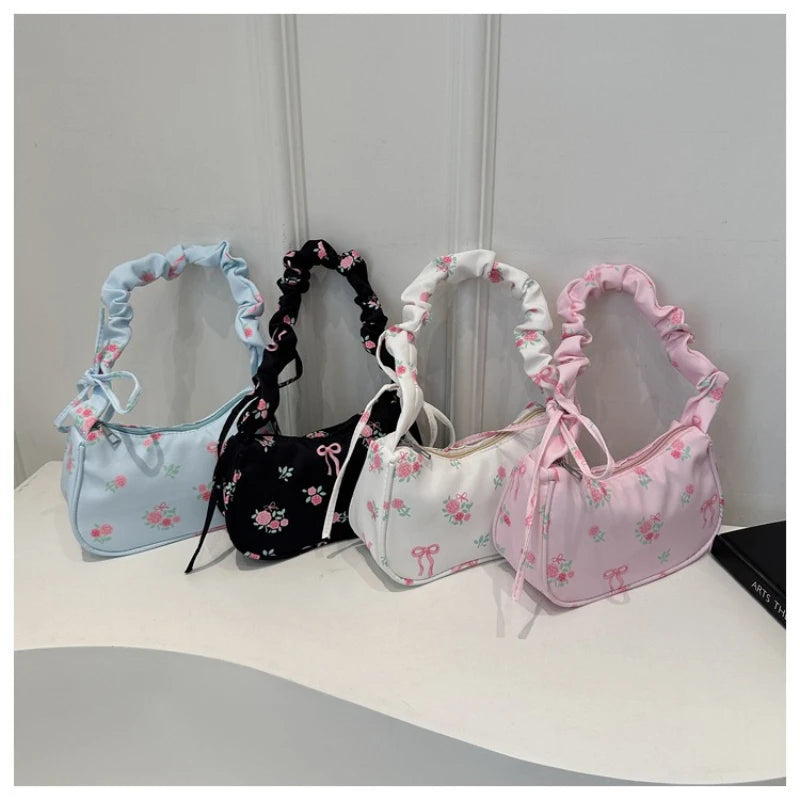 Women's Bags 2025 Summer Nylon Pleated Handbags Armpit Bag Korean Floral Bow Printed Zipper Tote Bag Female Small Shoulder Bags
