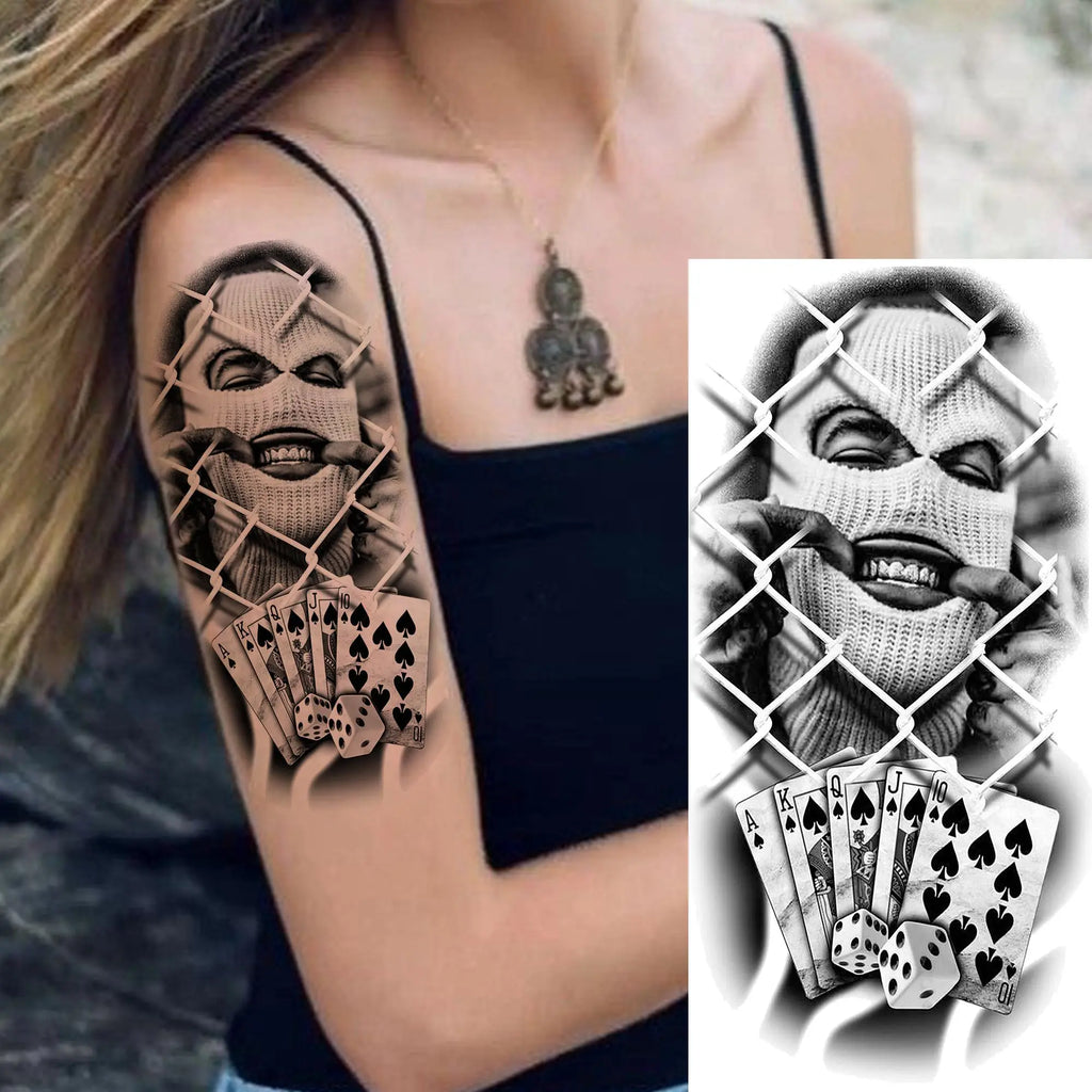 1 Sheet Bad Guy Robber Poker Temporary Tattoos For Men Women Gangster Joker Rebel Waterproof Realistic Fake Tattoo Arm Stickers