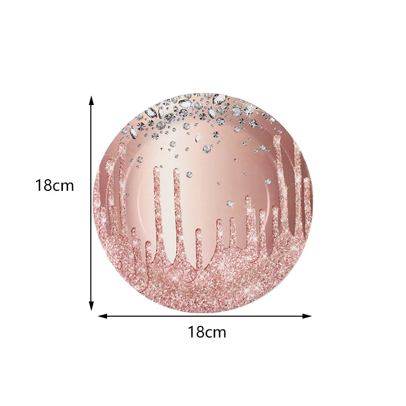 Rose Gold Disposable Tableware Diamond Pattern Paper Cups Plates Straws Table Decoration Wedding Birthday Party Supplies
