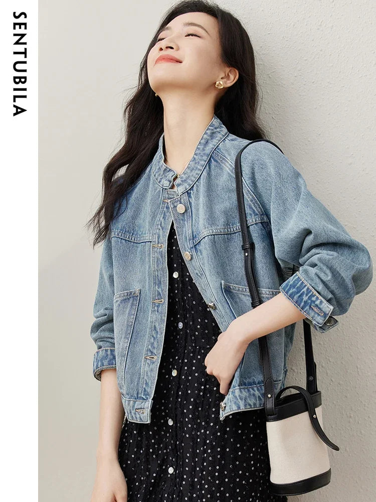 SENTUBILA Cropped Denim Jacket Coat For Women 2026 Spring Casual Stand Collar Long Sleeve Cotton Jeans Jackets Outwear W33W50369