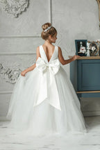 White Flower Girl Dress Princess Flower Girl Dresses White Communion Kid Satin Corest  Toddler Tiered Train Ball Gown