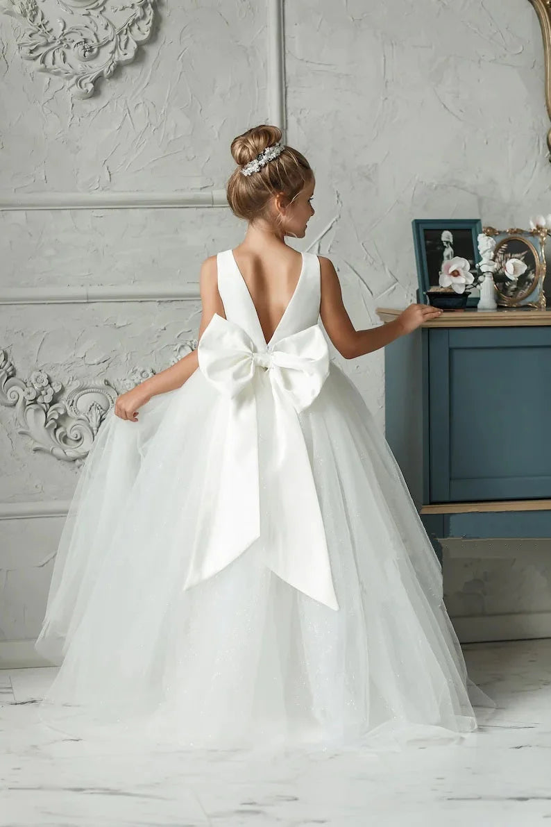 White Flower Girl Dress Princess Flower Girl Dresses White Communion Kid Satin Corest  Toddler Tiered Train Ball Gown