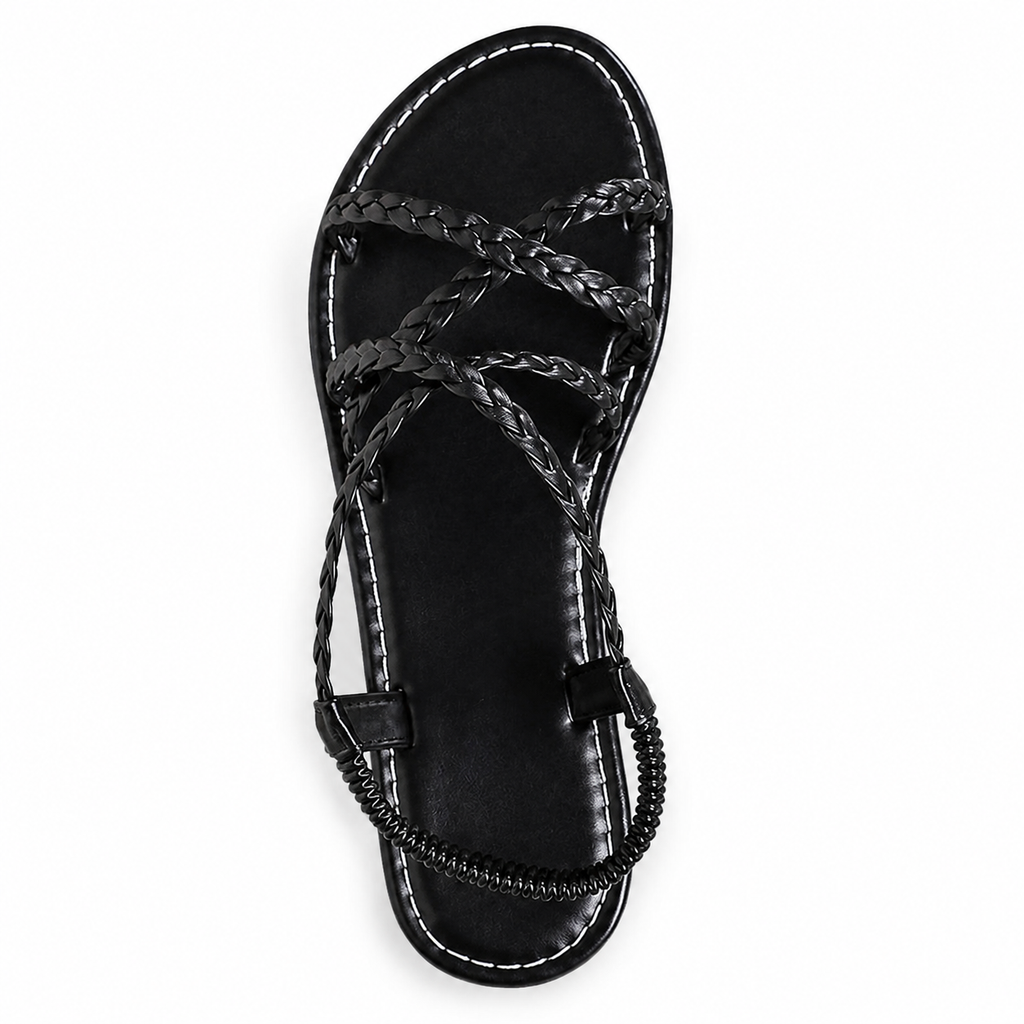 Black braided sandal on white background