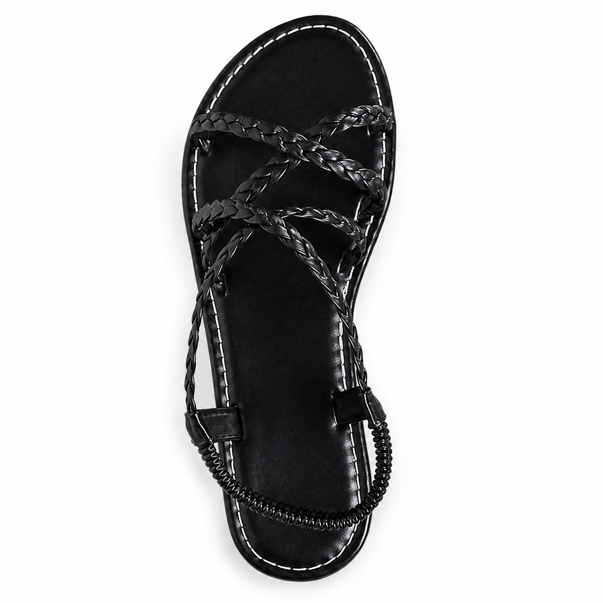 Black braided sandal on white background