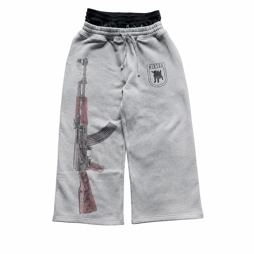 Gray printed double-waist pants on white background