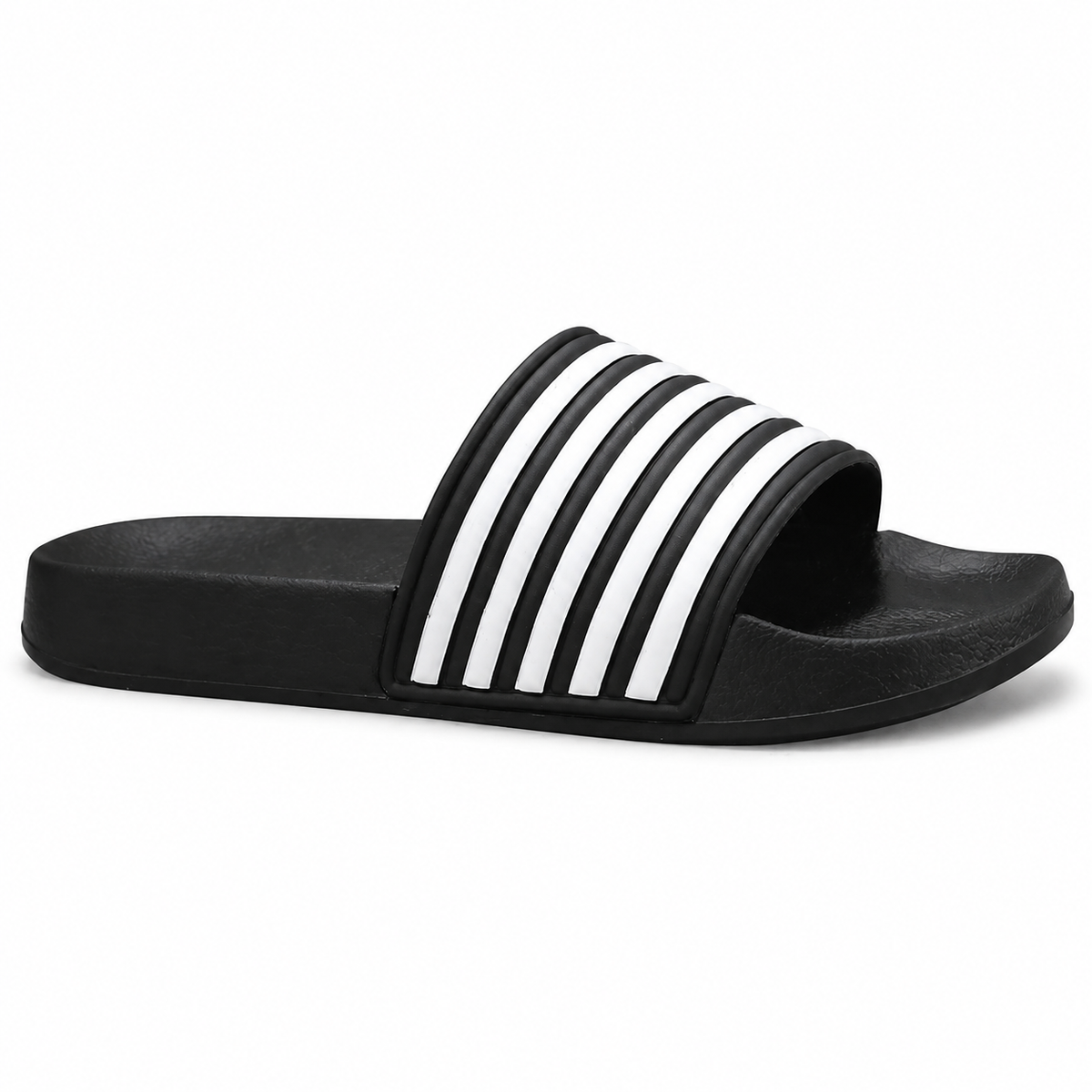 Black striped slide sandal on white background