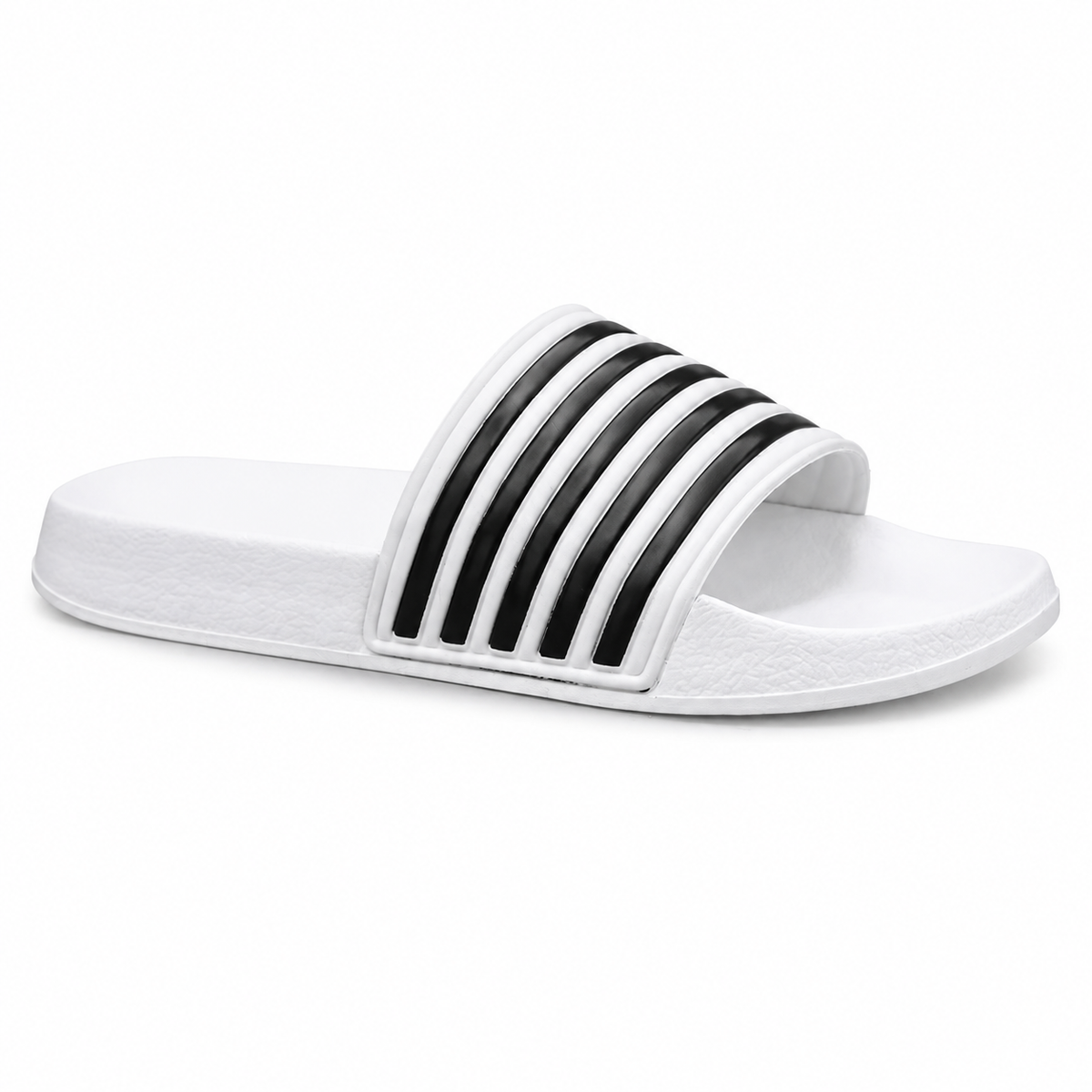 White striped slide sandal on white background