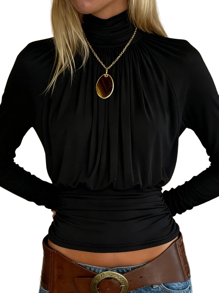 Solid Black T Shirts For Women Elegant Clothes Turtleneck Camisetas Lady Tops Long Sleeve Ropa De Mujer Shirring Feminist Shirt