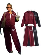 HH Women's Pant 2-Piece Set Female Fashion Versatile Printed Velvet Zip Jacket+Commuting Elastic Waist Belted Casual Pants