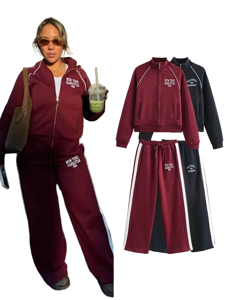 HH Women's Pant 2-Piece Set Female Fashion Versatile Printed Velvet Zip Jacket+Commuting Elastic Waist Belted Casual Pants
