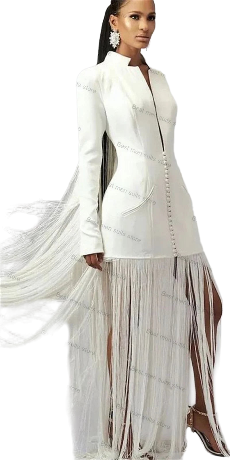 White Tassel Women Suit 1 Piece Long Blazer Wedding Tuxedo Luxury Tassel Jacket Tailored Full Sleeves Office Lady Coat