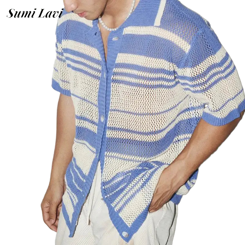 2025 Summer Casual Mens Knit Shirts Short Sleeve Buttoned Turn-down Collar Cardigan Tops Men Seaside Beach Vintage Knitted Shirt