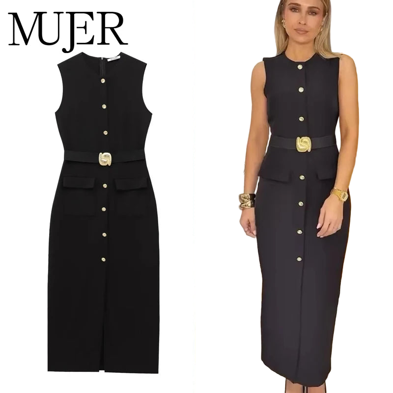 MUJER 2025 Womens Dresses Black Office Long Dresses for Women Spring Sleeveless Midi Dress Woman Belt Button Women's Dress Vest