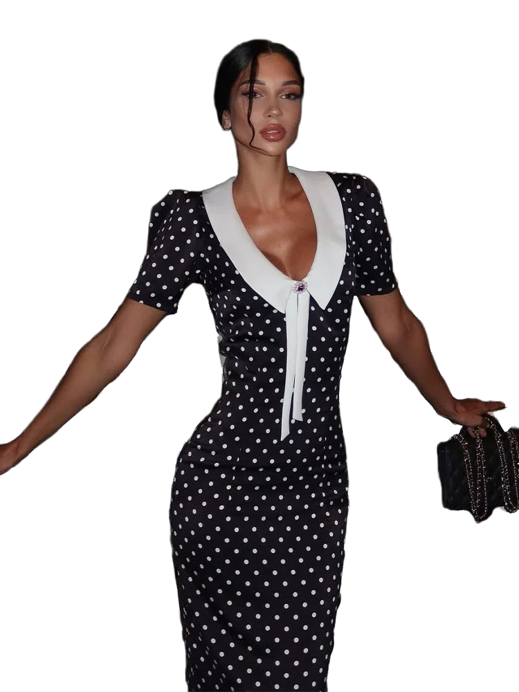Dot Printed Dresses For Women Fashion Sexy Streetwear Short Sleeves Sheath Turn Down Collar V-Neck Long Vestidos Robes Female