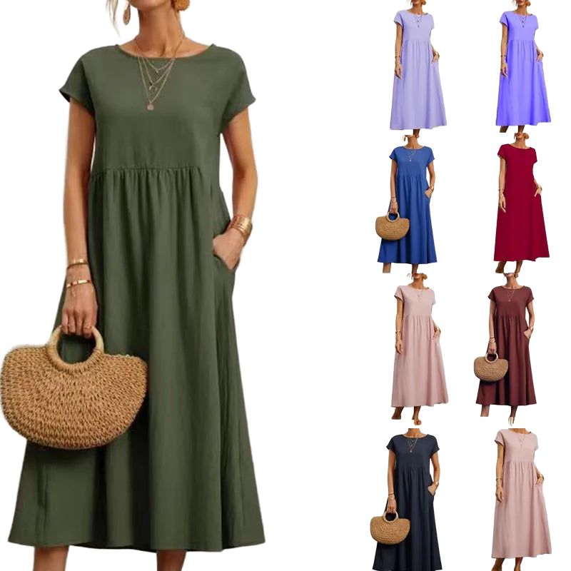 Dresses for Women  Cotton Linen Midi Casual  Short Sleeve Loose A-Line Sundress with Pockets  Solid Color Oversized Long Dress