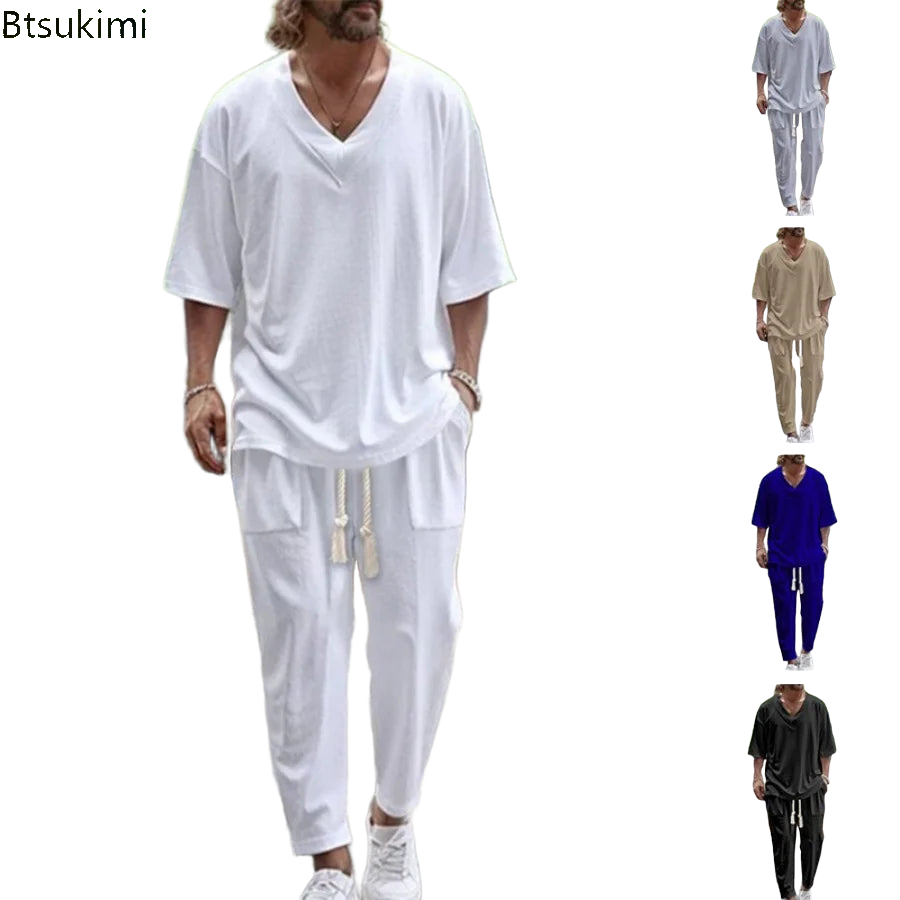 2026 Men Two Piece Sets Fashion Solid Tracksuits Summer Half Sleeve V-neck T-Shirt and Pants Loose Casual Outfit Male Streetwear