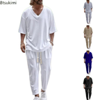 2026 Men Two Piece Sets Fashion Solid Tracksuits Summer Half Sleeve V-neck T-Shirt and Pants Loose Casual Outfit Male Streetwear