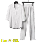 2026 Men's Two Piece Pant Sets Spring Summer Short Sleeve Shirt And Pants Outfits For Men Solid Cotton Linen Clothing Sets Male