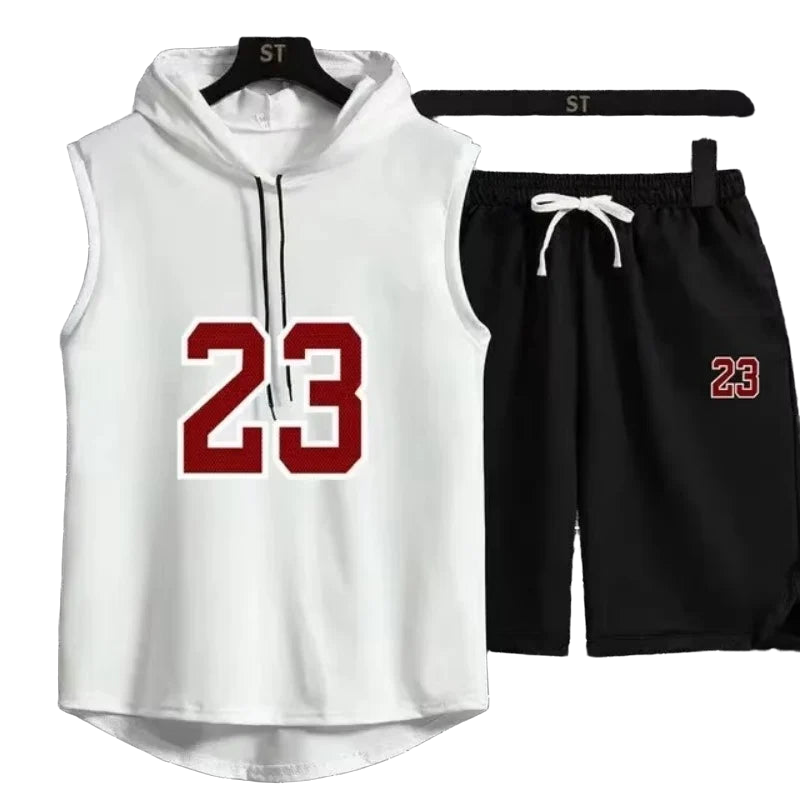 Summer New Men's Sleeveless Hooded T-shirt+shorts pants Sports two-piece set gym  Fashion  Casual Men Women Sports Two Piece Set