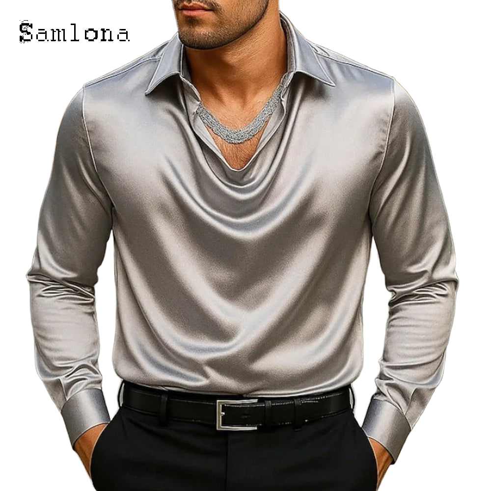 Men Long Sleeves Notched Shirt Clothing 2025 European Fashion Basic Top Solid Silver Gold Blouse Mens Casual V-neck Shirts Homme