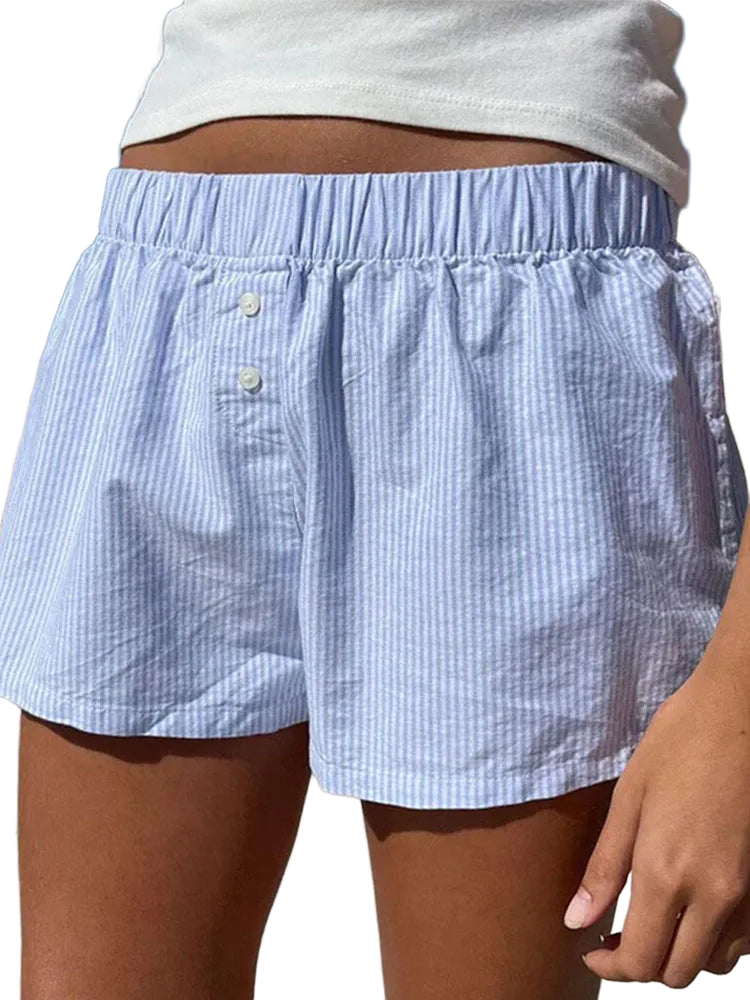 Striped Print Casual Shorts for Women Elastic Waist Fashion Button Bottoms Streetwear Chic Basic Y2K Loose Shorts