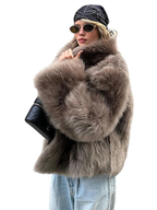 2025 Winter Women's Faux Fur Coats Fashion Stand Collar Short Jackets Warm Long Sleeve High Street Commute Lady Brown Outerwear