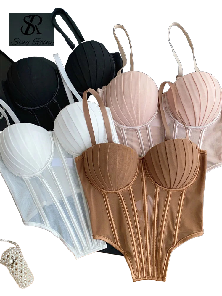 SINGREINY Fashion Solid Corset Lingerie Top Ladies Strap Sheer Mesh Slim Camisole American Retro Backless Beach Sexy Tank Top