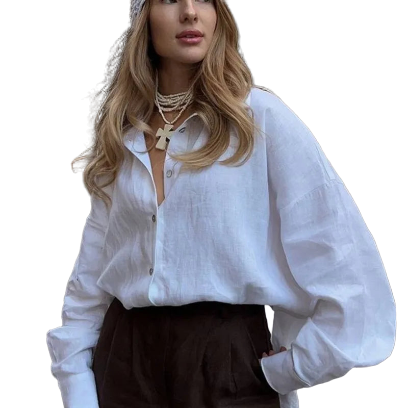 Ammug White Women's Shirt Long Sleeve Elegant Solid Blouse Woman Vintage Summer Loose Shirts for Women Basic Top Collar