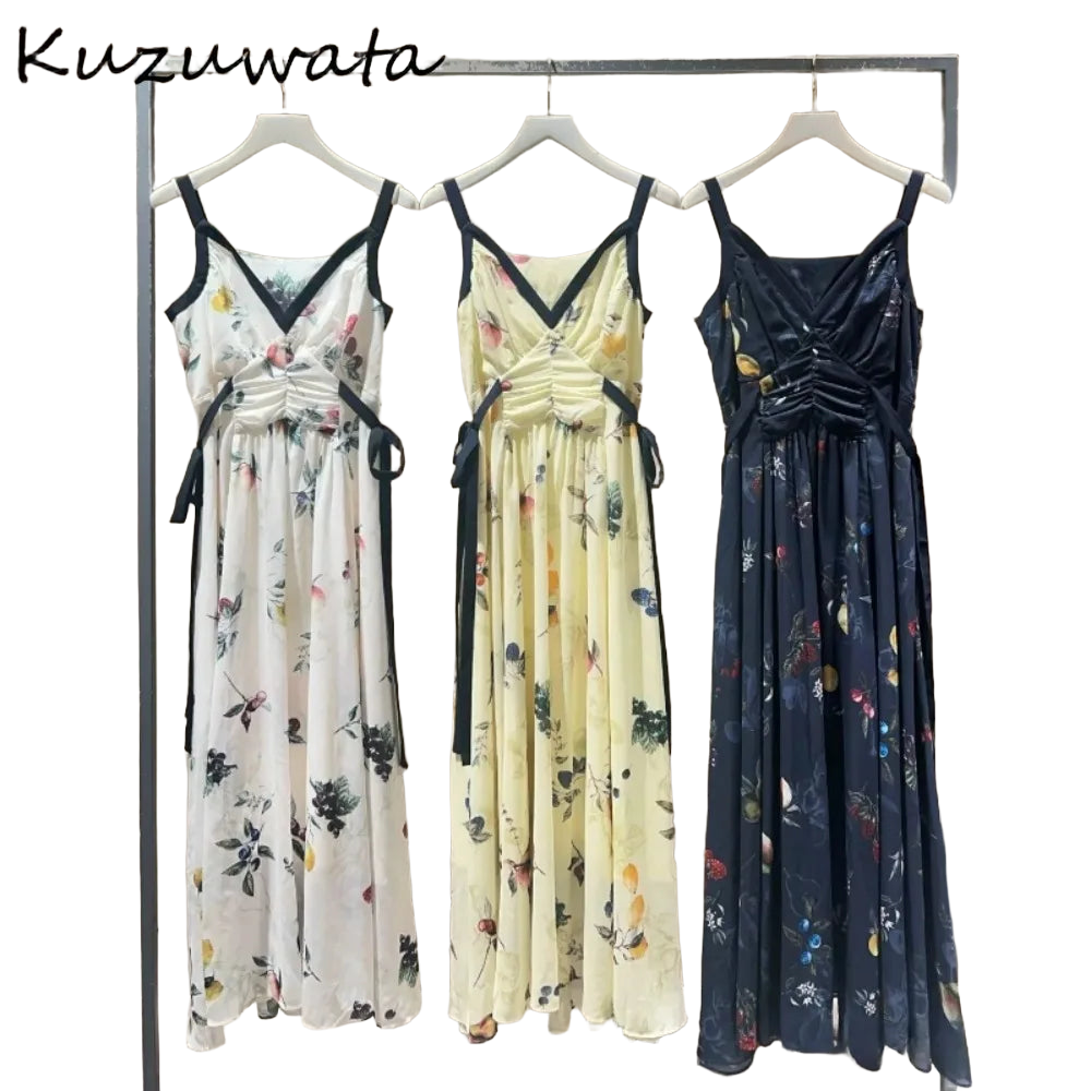 Kuzuwata Luxury Elegant V Neck Sling Dress Print Slim Vest Big Swing Lace Up Ruched Panelled Robe Japan French Exquisite Mujer