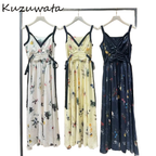 Kuzuwata Luxury Elegant V Neck Sling Dress Print Slim Vest Big Swing Lace Up Ruched Panelled Robe Japan French Exquisite Mujer