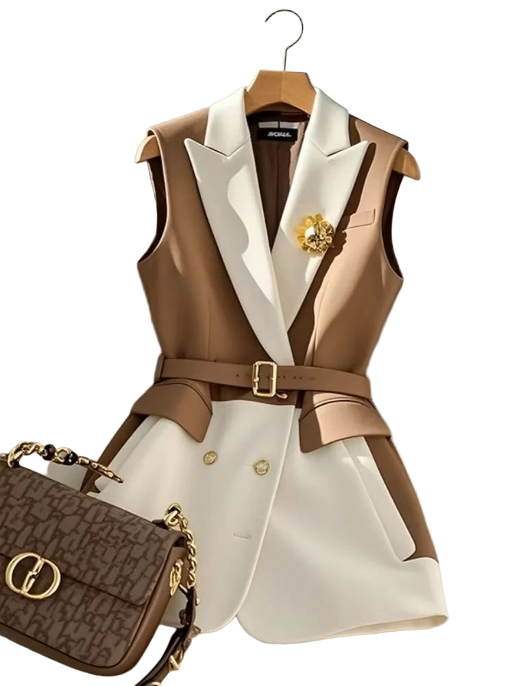 Spring Summer Jacket Vest Color Block Coffee Sleeveless Blazers Waistcoat Retro Female Outerwear All-match Fashion Office Lady