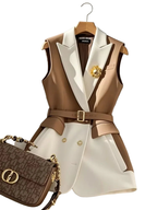 Spring Summer Jacket Vest Color Block Coffee Sleeveless Blazers Waistcoat Retro Female Outerwear All-match Fashion Office Lady