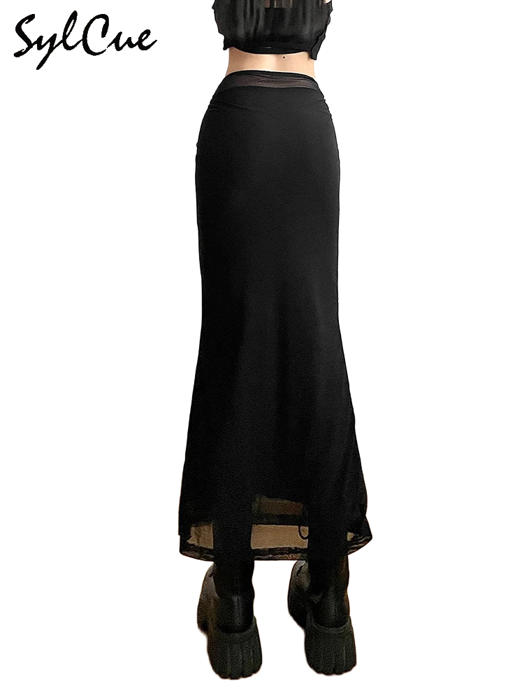 Sylcue Black Simple All-match Casual Commuter Summer Street Travel Cool Youth Vitality Tight Sexy High-elastic Women's Skirt
