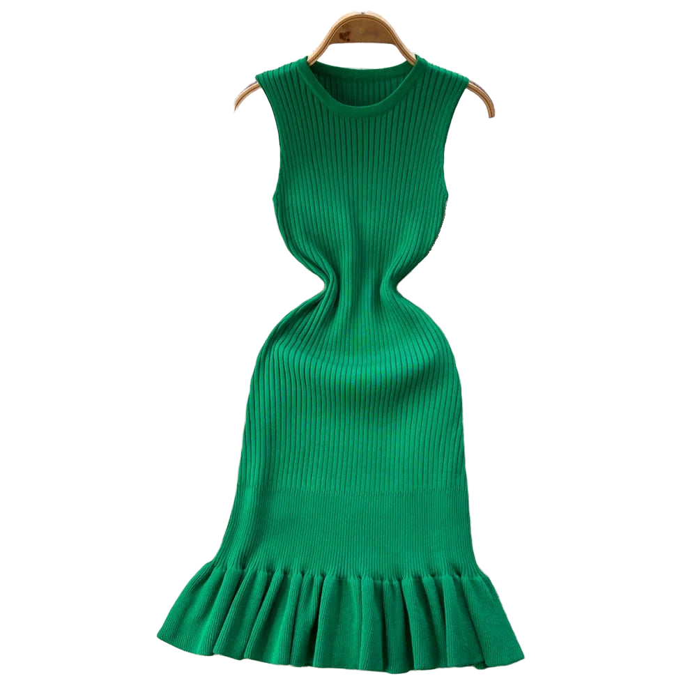 Summer Knitted Bodycon Sexy Dress 2026 O Neck Sleeveless Ruffled Party Sundress High Street Elastic Slim Short Dress