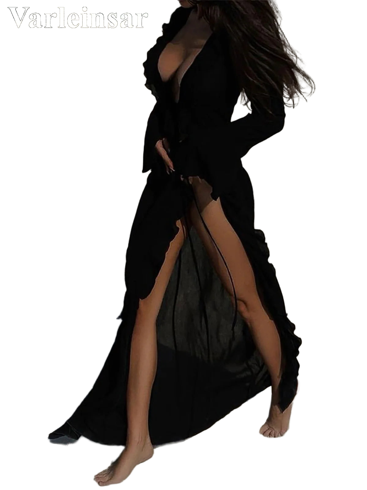 Women's V Neck Ruffled Long Sleeve Dress Chiffon Tunic Beach Cover Up Cover-ups Beach Dress Sunscreen Beachwear Vacation V5976B